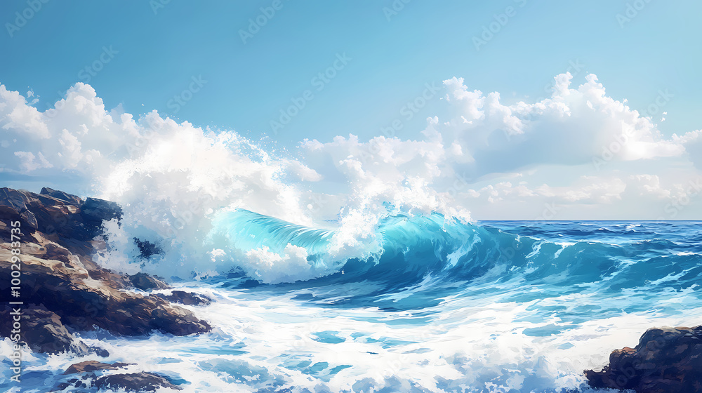 Fototapeta premium Painting of a wave breaking on a rocky shore with a blue sky. Rocky Shore. Illustration