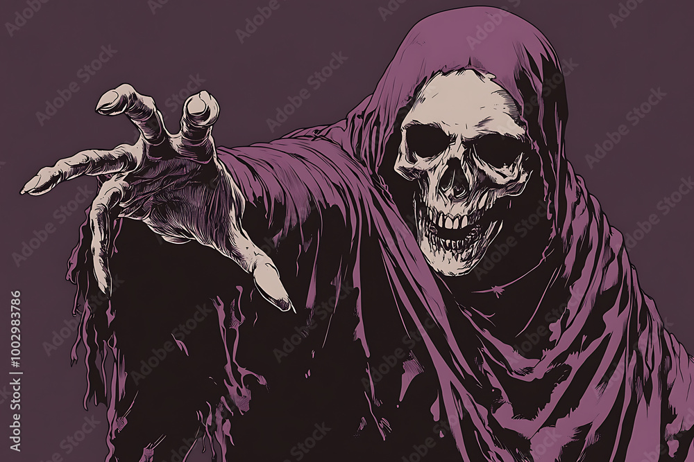 A skeletal figure in a dark robe reaches out, evoking themes of death and the supernatural. A skeletal figure in a dark robe reaches out, evoking themes of death and the supernatural.