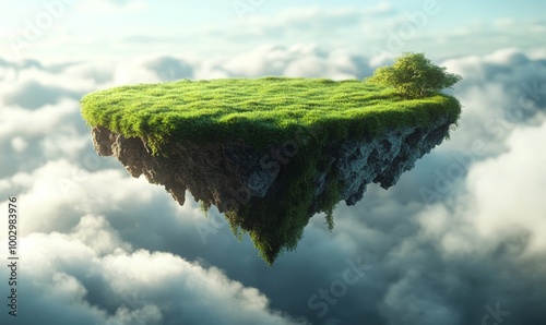 A 3D rendered image of a floating slice of land with a green grass surface, creating a surreal and isolated grass field floating in the air with, Generative AI