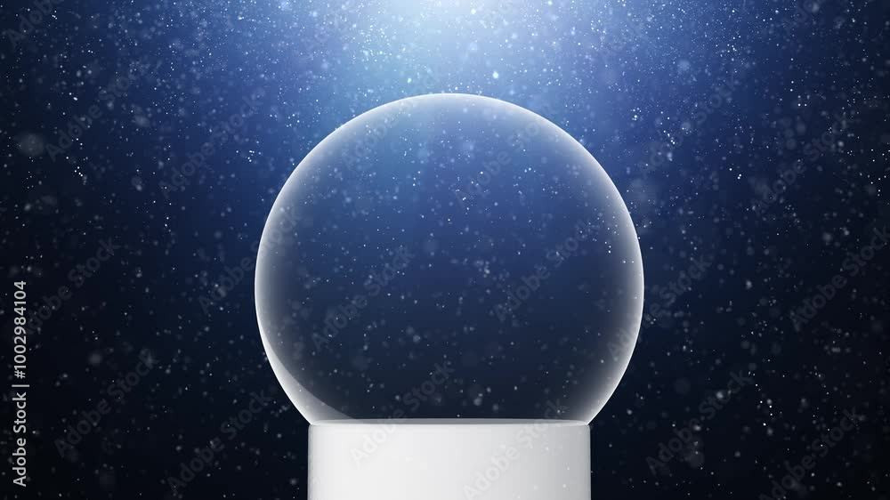 Empty snow ball with looped blue glitter particles animation. Concept Christmas and New Year Holidays greeting card copy space background. Seamless looping.