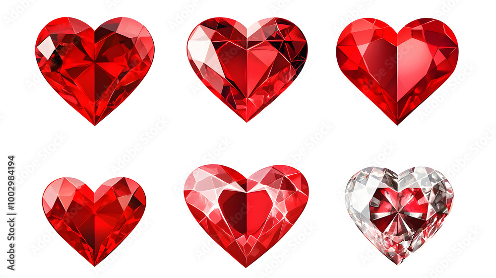 Set collection of beautiful different red hearts with diamonds isolated on transparent background. 