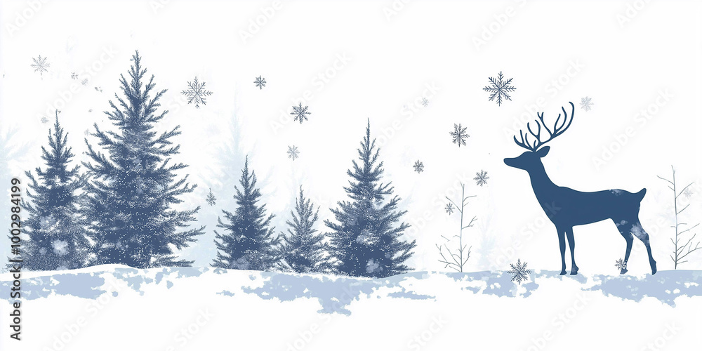 Christmas illustration. winter forest with a deer on the right on a white background, in a minimalist style. Advertising banner. Christmas illustration. winter forest with a deer on the right on a white background, in a minimalist style. Advertising banner.