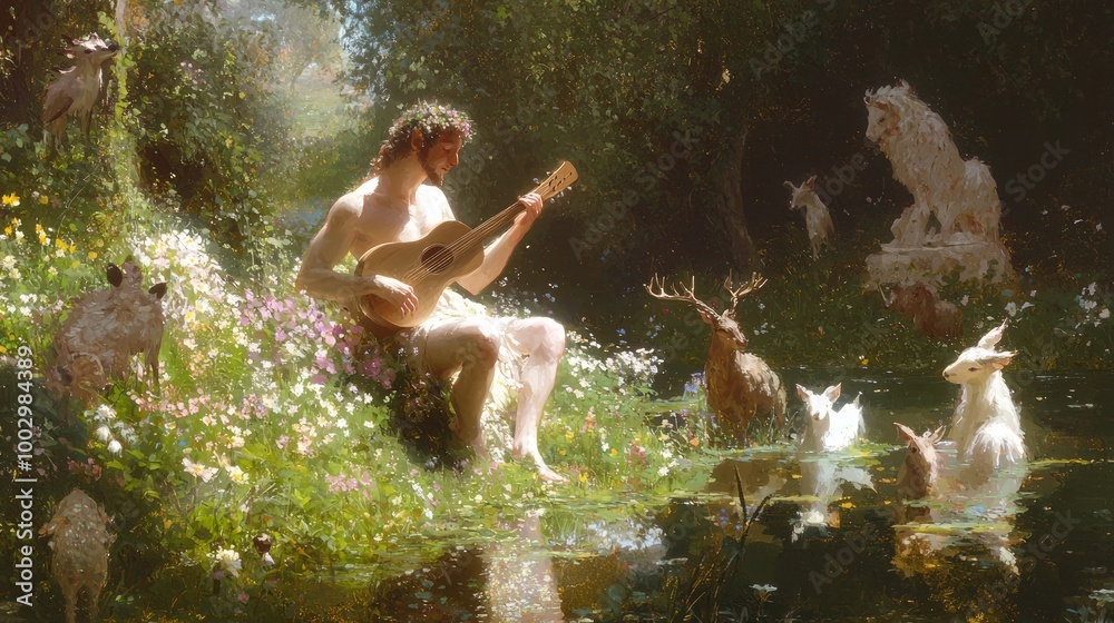 Harmony in Nature - Centaur playing lute in a peaceful wildflower meadow surrounded by woodland animals Harmony in Nature - Centaur playing lute in a peaceful wildflower meadow surrounded by woodland animals