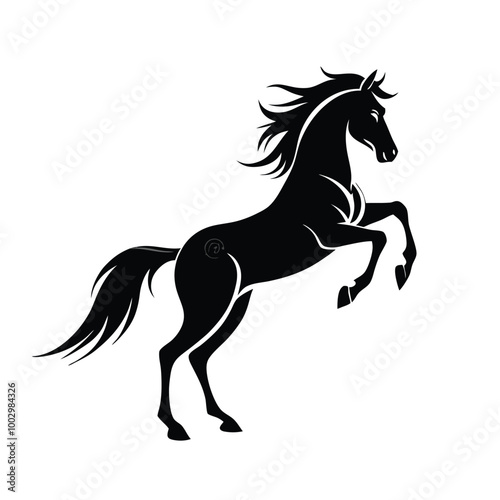 a black and white silhouette of a horse rearing up on its hind legs. The horse appears to be in mid-stride, with its front legs stretched out and its head turned to the side