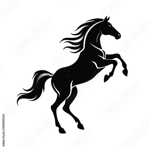 a black and white silhouette of a horse rearing up on its hind legs. The horse appears to be in mid-stride, with its front legs stretched out and its head turned to the side