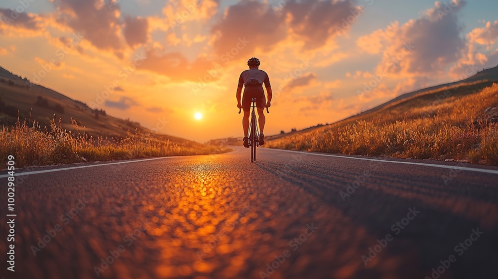 Rear back view of a cyclist man silhouetted against the orange twilight sky, riding on an asphalt road at dusk. Highlights summer outdoor sport activity and healthy lifestyle. Rear back view of a cyclist man silhouetted against the orange twilight sky, riding on an asphalt road at dusk. Highlights summer outdoor sport activity and healthy lifestyle.