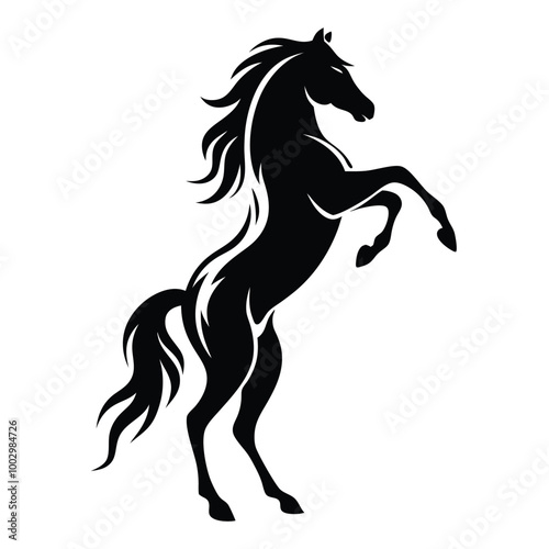 a black and white silhouette of a horse rearing up on its hind legs. The horse appears to be in mid-stride, with its front legs stretched out and its head turned to the side