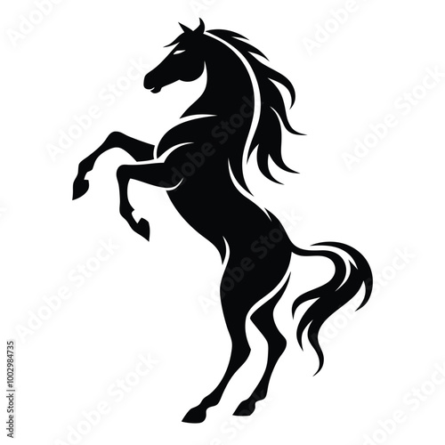 a black and white silhouette of a horse rearing up on its hind legs. The horse appears to be in mid-stride, with its front legs stretched out and its head turned to the side
