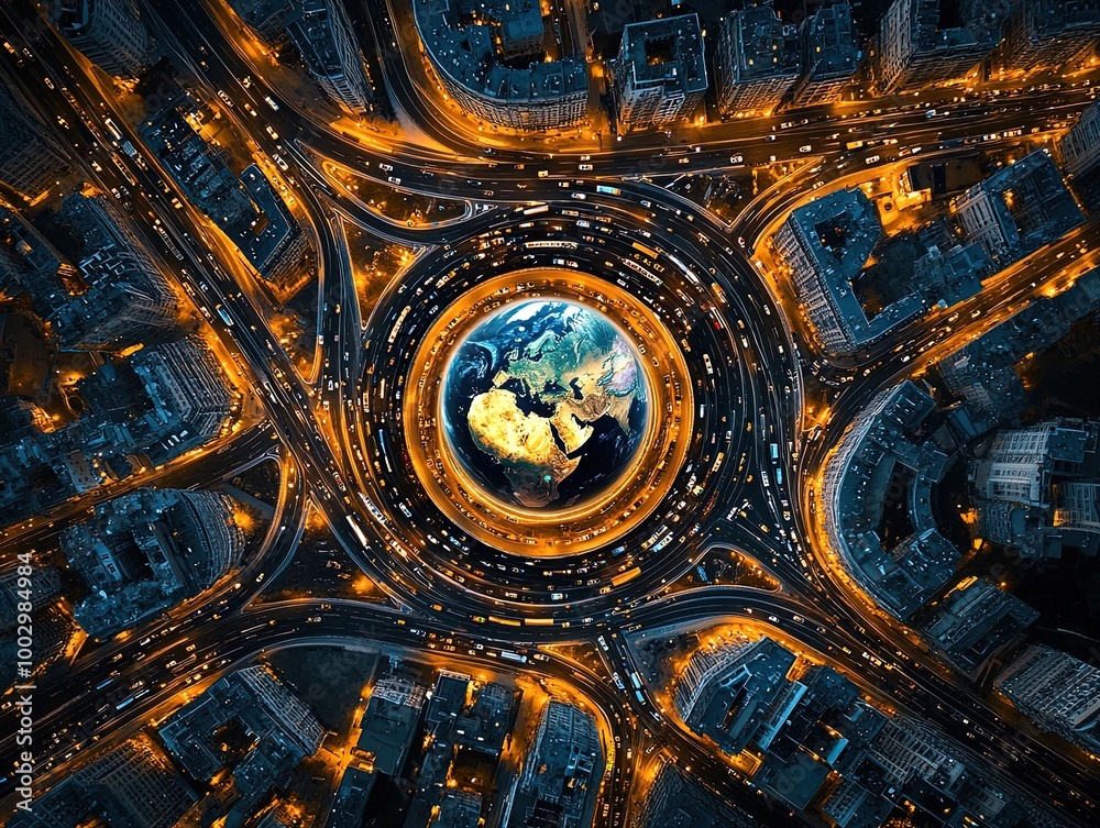 Stunning Nighttime City Panorama: Busy Roads Converging at a Brightly Lit Globe of Earth, Highlighting Europe's Contours – Perfect Poster for Sports Interiors and Modern Spaces! Stunning Nighttime City Panorama: Busy Roads Converging at a Brightly Lit Globe of Earth, Highlighting Europe's Contours – Perfect Poster for Sports Interiors and Modern Spaces!