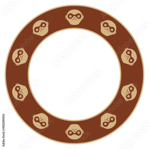 Round animal frame or circular border with monkey faces. Ethnic design of Moche Indians from ancient Peru. On red background.