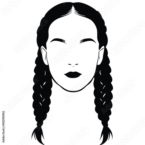 a black and white silhouette of a woman's face. The woman has long, braided hair that is styled in two braids on either side of her head 