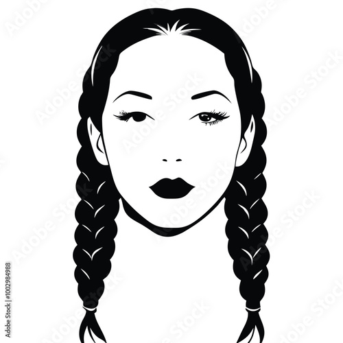 a black and white silhouette of a woman's face. The woman has long, braided hair that is styled in two braids on either side of her head 