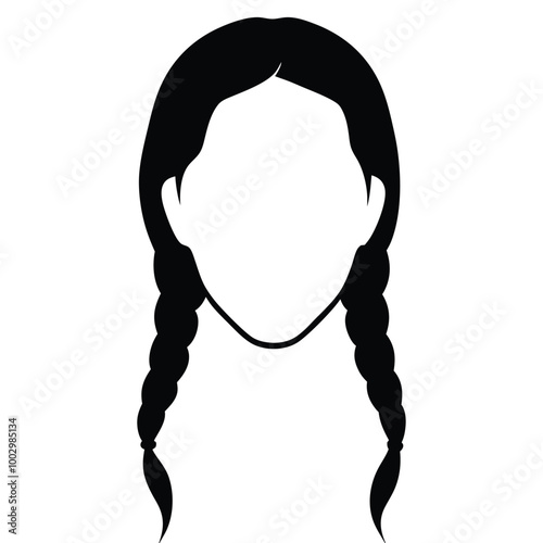 a black and white silhouette of a woman's face. The woman has long, braided hair that is styled in two braids on either side of her head 