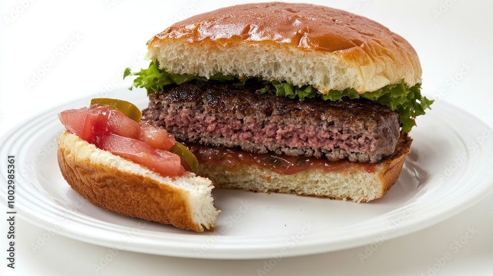 Fresh Gourmet Burger with Toppings on a Plate Fresh Gourmet Burger with Toppings on a Plate