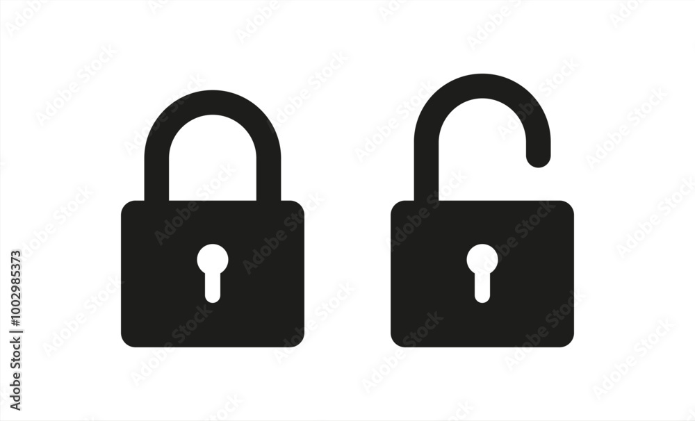 Black isolated icon of locked and unlocked lock on white background. Set of Silhouette of locked and unlocked padlock. Flat vector 10 eps. Black isolated icon of locked and unlocked lock on white background. Set of Silhouette of locked and unlocked padlock. Flat vector 10 eps.