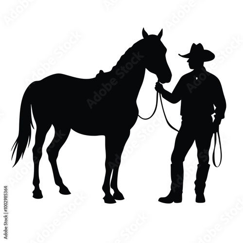 a black silhouette of a cowboy and his horse. The cowboy is standing on the right side of the image, holding the reins of the horse on the left side 