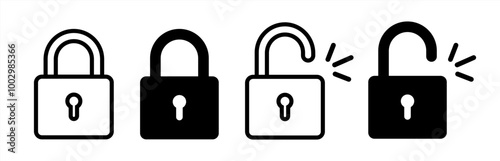 Lock icon collection. Locked and unlocked black line icon set. Flat security symbol. Vector 10 eps.