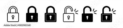 Lock icon collection. Locked and unlocked black line icon set. Flat security symbol. Lock symbol isolated on white background. Padlock symbol. Privacy symbol vector stock 10 eps.