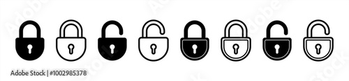 Lock icon collection. Locked and unlocked black line icon set. Flat security symbol. Lock symbol isolated on white background. Padlock symbol. Privacy symbol vector 10 eps.