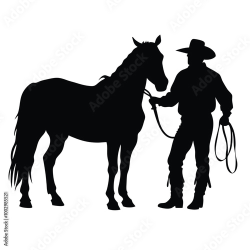a black silhouette of a cowboy and his horse. The cowboy is standing on the right side of the image, holding the reins of the horse on the left side 