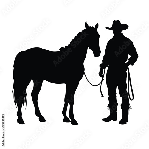 a black silhouette of a cowboy and his horse. The cowboy is standing on the right side of the image, holding the reins of the horse on the left side 
