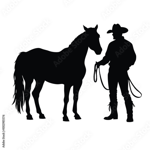 a black silhouette of a cowboy and his horse. The cowboy is standing on the right side of the image, holding the reins of the horse on the left side 