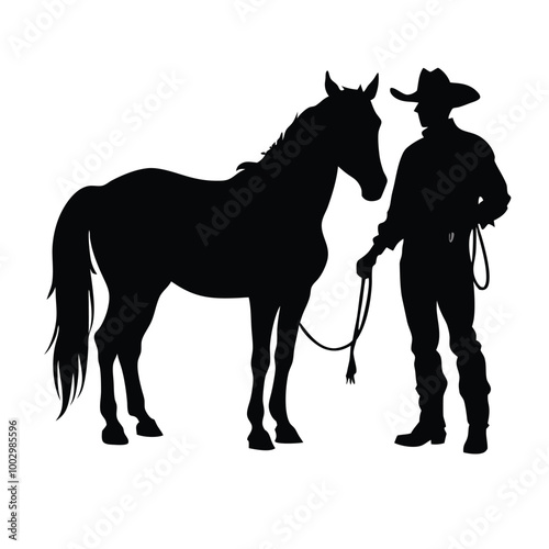 a black silhouette of a cowboy and his horse. The cowboy is standing on the right side of the image, holding the reins of the horse on the left side 