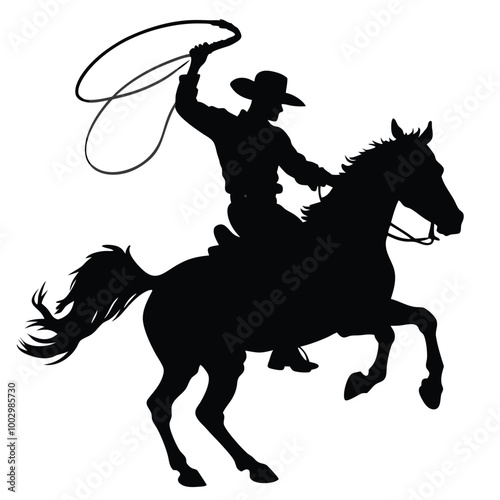 a black silhouette of a cowboy riding a horse. The cowboy is wearing a cowboy hat and is holding a lasso in his right hand 