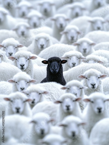 A black sheep stands in a sea of white sheep, symbolizing being different in a crowd of uniformity