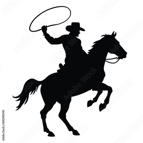 a black silhouette of a cowboy riding a horse. The cowboy is wearing a cowboy hat and is holding a lasso in his right hand 