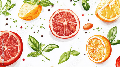 Vibrant food ingredient illustrations on a clean white background. Perfect for culinary and hospitality themes. High-resolution, crisp details, and appetizing colors.