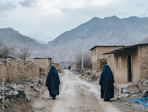 Afghan women in full burkas walking in remote mountain village, AI generated photo