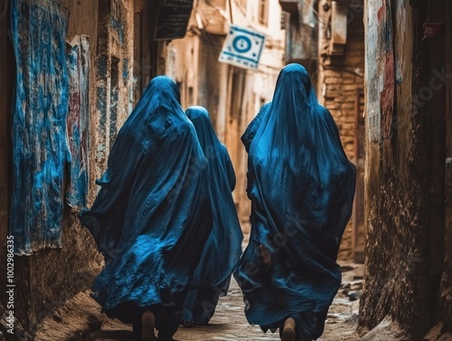 Afghan women in full burkas walking in remote mountain village, AI generated