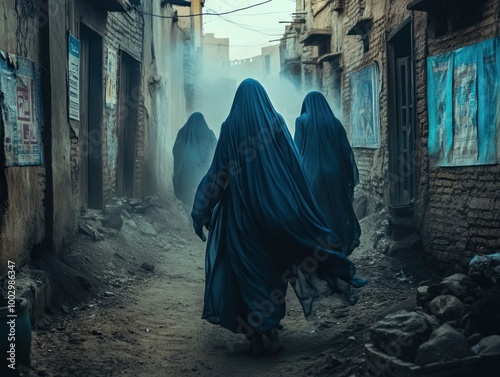 Afghan women in full burkas walking in remote mountain village, AI generated photo