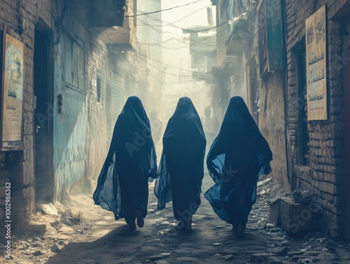 Afghan women in full burkas walking in remote mountain village, AI generated photo