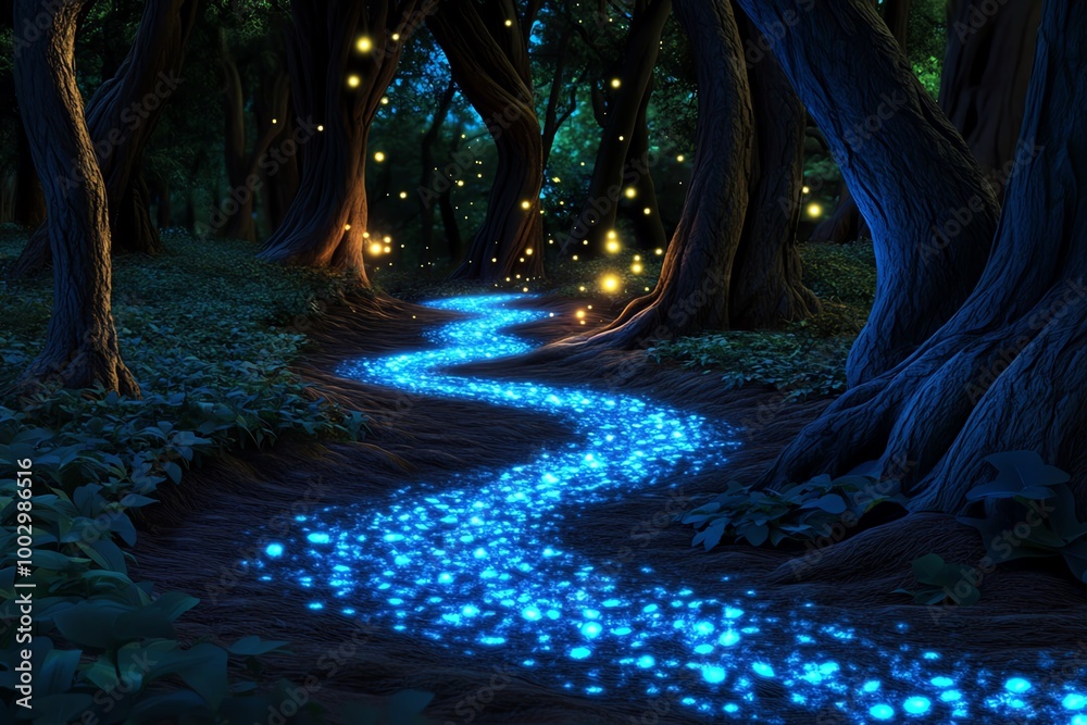 Fototapeta premium A reforested magical forest, where enchanted trees absorb glowing particles of carbon, helping to restore balance to the fantasy ecosystem