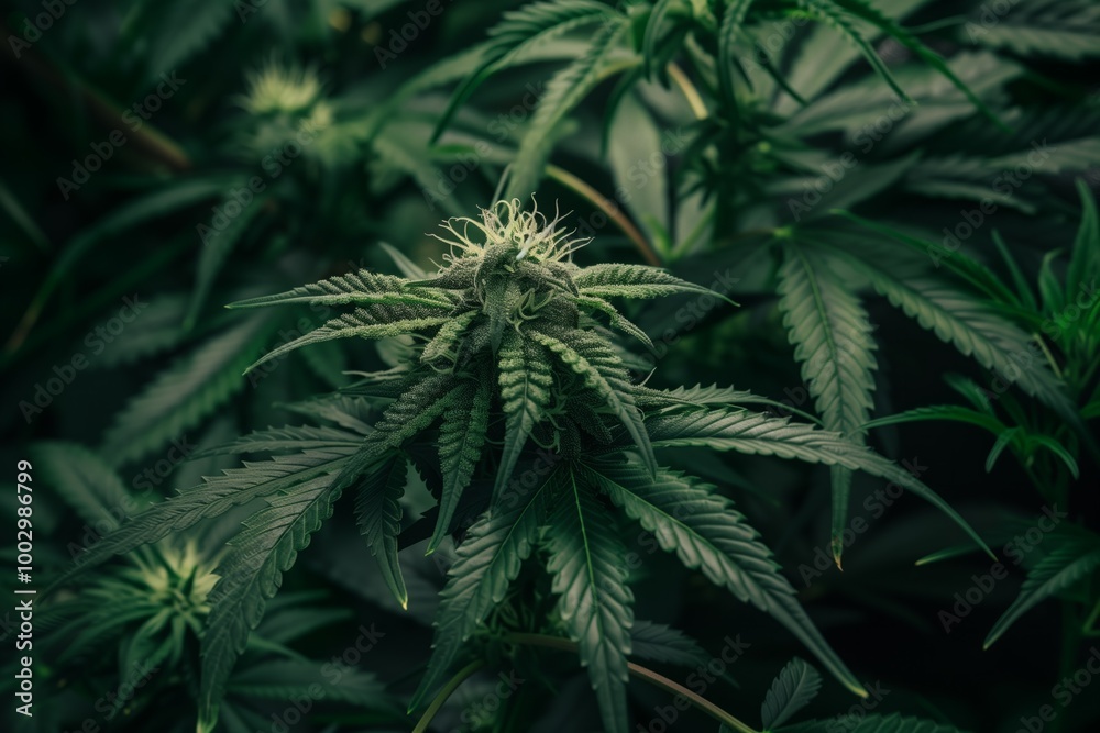A close up of a marijuana plant with a green stem and leaves A close up of a marijuana plant with a green stem and leaves
