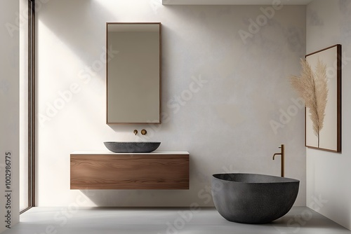 Minimalist BEDROOM with Wooden Vanity, Black Freestanding Tub, and Brushed Brass Fixtures