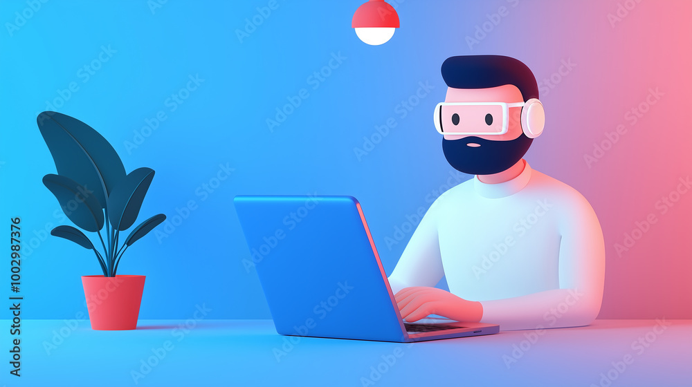 3d illustration of male assistant working on laptop at his desk in soft colors 3d illustration of male assistant working on laptop at his desk in soft colors