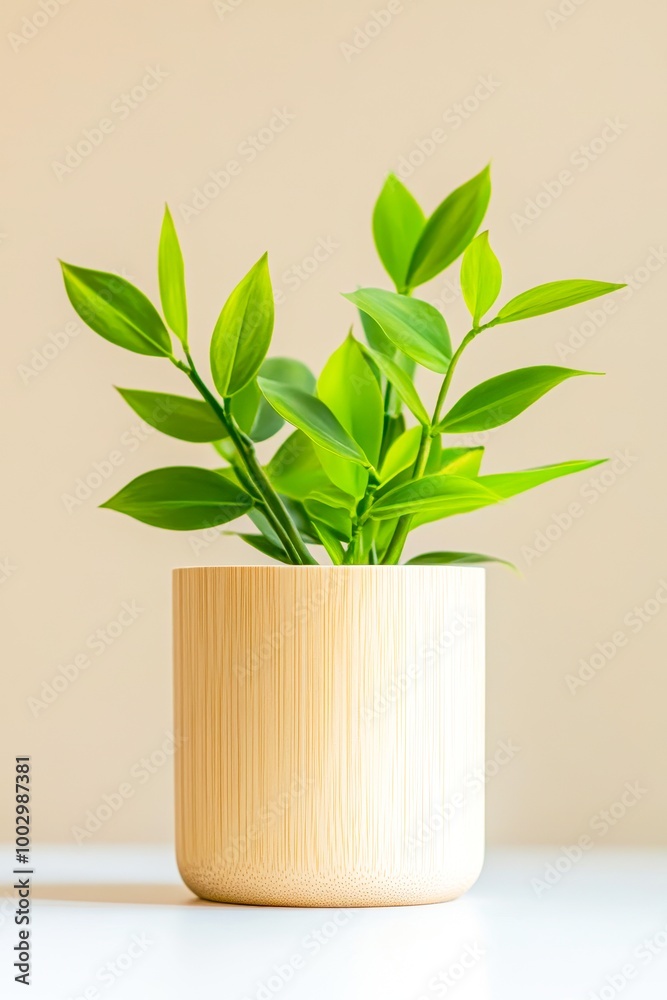 A modern indoor plant is positioned in a stylish, light-colored pot against a soft beige backdrop, This image is ideal for home decor, gardening blogs, or wellness themes, A modern indoor plant is positioned in a stylish, light-colored pot against a soft beige backdrop, This image is ideal for home decor, gardening blogs, or wellness themes,