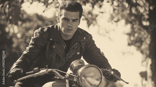 The greaser, dressed in a classic leather jacket and gloves, confidently rides a vintage motorcycle. Sunlight filters through the trees, creating a nostalgic atmosphere