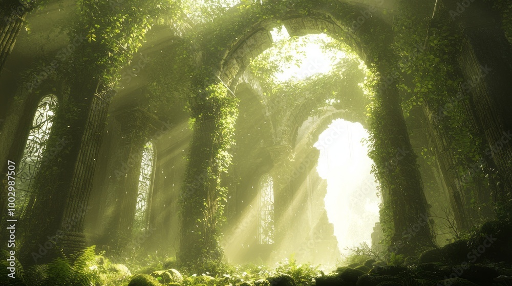 Fototapeta premium Enchanted Discovery - Brave explorer in mystical ruin covered with vines, illuminated by dappled light in the forest.