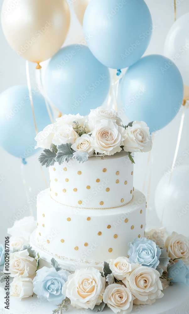 festive, white multi-tiered cake decorated with delicate roses, on the background of pastel blue balloons, wedding composition in vintage style festive, white multi-tiered cake decorated with delicate roses, on the background of pastel blue balloons, wedding composition in vintage style