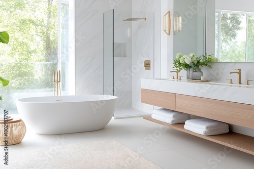 Modern Luxury Bathroom with Marble Vanity, Freestanding Tub, and Brushed Gold Fixtures