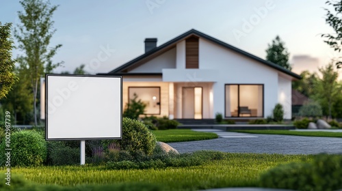 Wallpaper Mural Modern house with a blank sign in front, surrounded by landscaped greenery. Torontodigital.ca