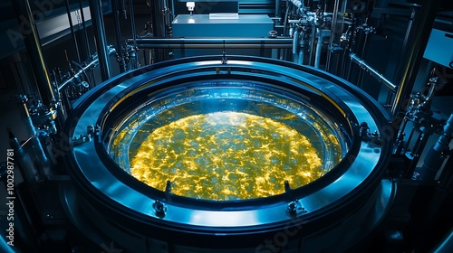 a large bioreactor filled with biopharmaceuticals in production. The reactor is illuminated with a soft glow