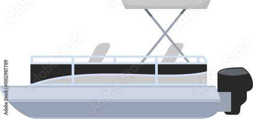 Cartoon style icon of a pontoon boat with a sunshade, ideal for illustrating leisure activities on lakes or rivers