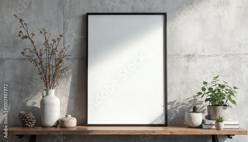 Stylish Black Frame with Blank Canvas on Wooden Shelf Against Concrete Wall for Art Display and Decoration Ideas
