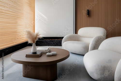 Modern Living Room with Curved Ceiling, Built-In Fireplace, and Architectural Lighting