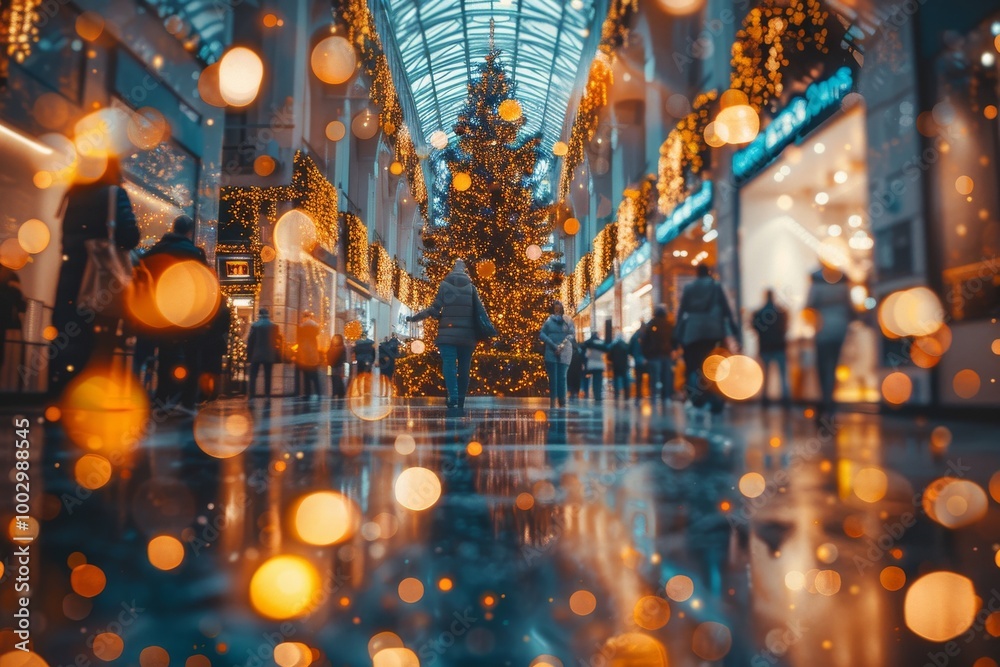 Obraz premium A Christmas tree with gold ornaments is lit up in a mall